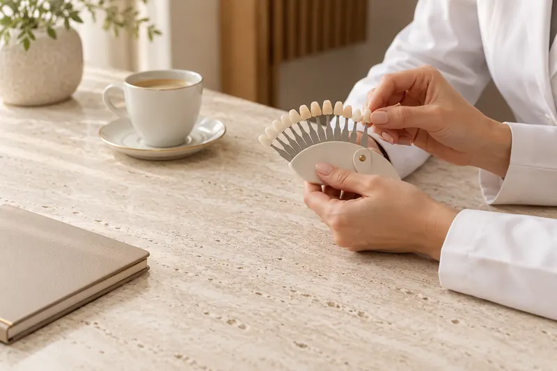 Mãos de uma dentista segurando uma escala de cores de porcelana sobre uma mesa de travertino, ao lado de uma xícara de café
