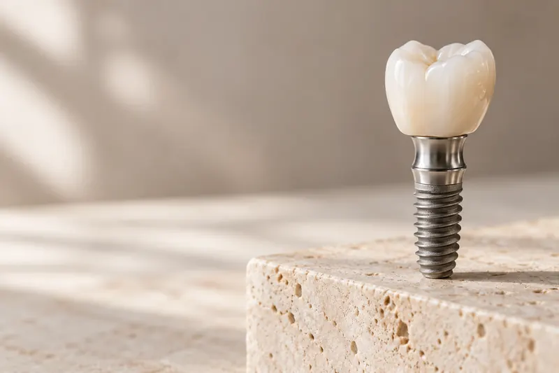 Implante dentário de titânio com a coroa de porcelana encaixada, sobre um bloco de travertino