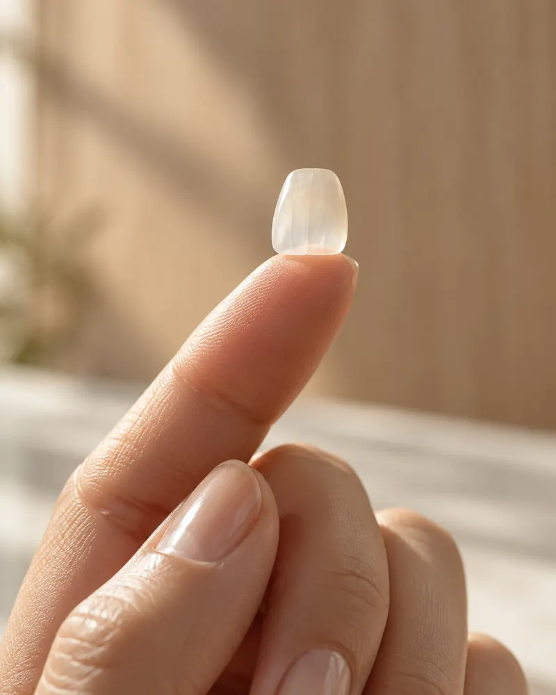 Lente de contato dental de porcelana, fina e translúcida, apoiada na ponta de um dedo