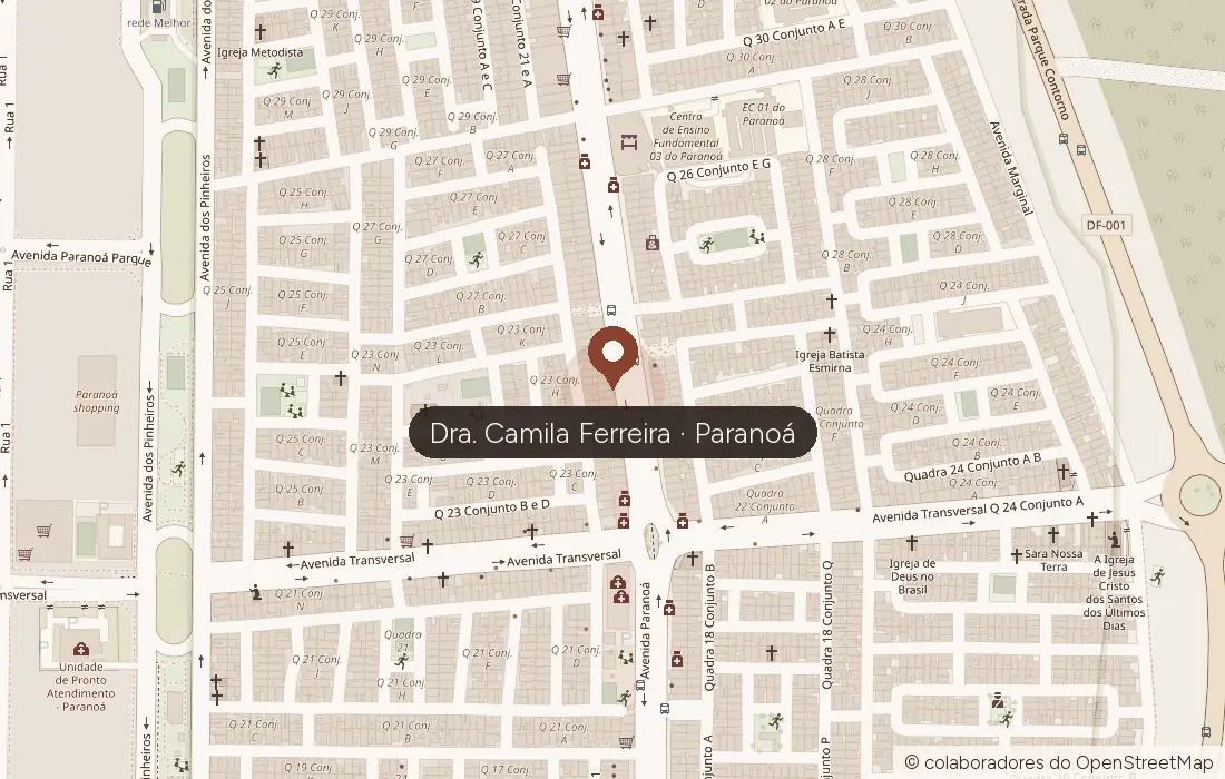 Mapa do Paranoá com o pino da clínica na Avenida Paranoá, altura da Quadra 23