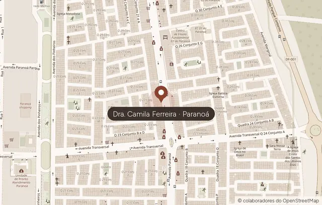 Mapa do Paranoá com o pino da clínica na Quadra 23